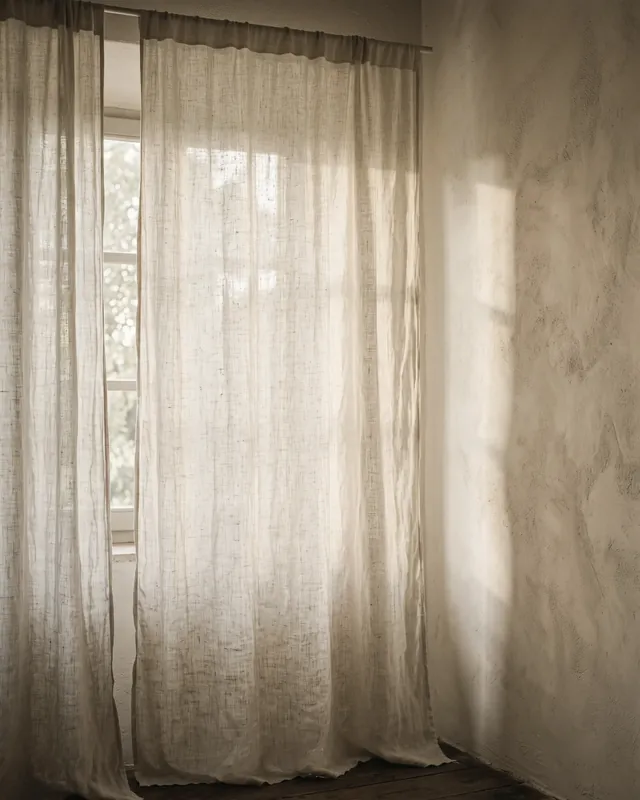 Una finestra con la tenda mossa dalla luce