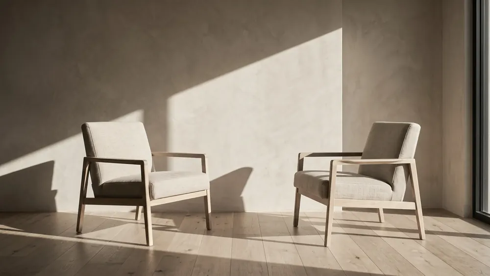 Due poltrone chiare in una stanza con luce naturale